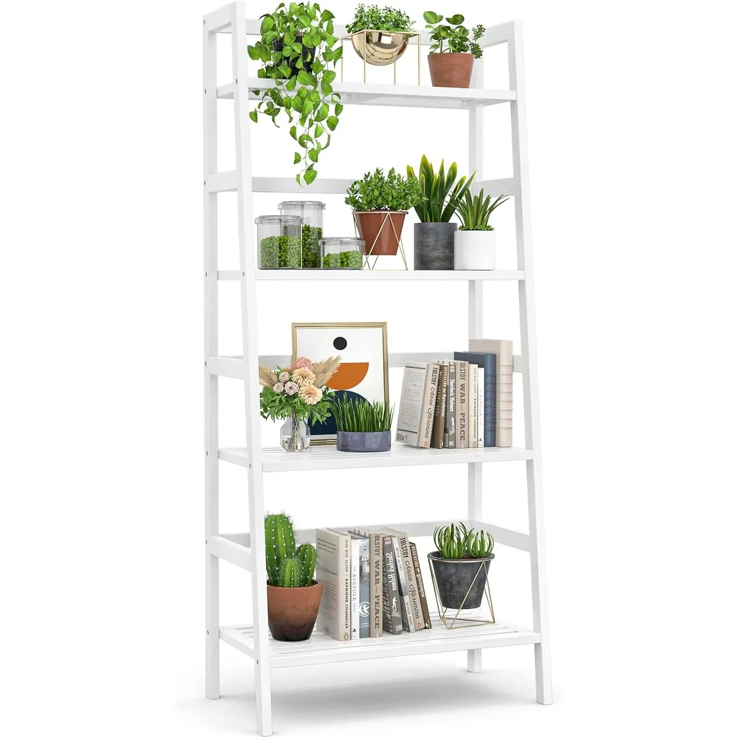 White Bookshelf 4-Tier Ladder Shelf, 49.2 Freestanding Open Bookcase Book Shelf Bathroom Storage Shelf Unit  Stand for Small Space, Bedroom, Living Room,  Office
