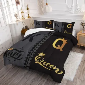 2pcs/3pcs Valentine'S Day Couple Bedding Set, King&Queen Letter Pattern Comforter Set, Crown Print Design, Suitable for Luxurious, Soft and Comfortable Decoration of Holiday Bedroom Beds, Including 1 Quilt and 1/2 Pillowcase