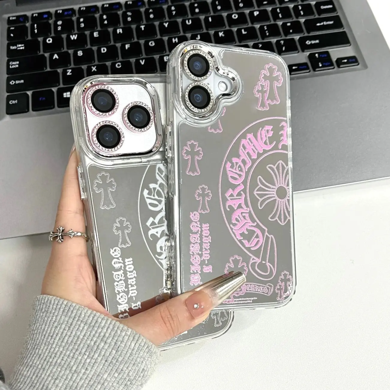 Gothic Cross Mirror Pattern Smartphone Case - Shockproof, Stylish Protection for iPhone 11-17 Pro Max, Handheld Cellphone Devices, Aesthetic USA-Made Gift, Casing
