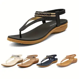 [Arch Support Comfortable Sandals] Women's Sandals Arch Support Sandals Elastic Strap Comfortable Open Toe Thong T-Strap Orthotic Casual Flat Sandal Walking Shoes