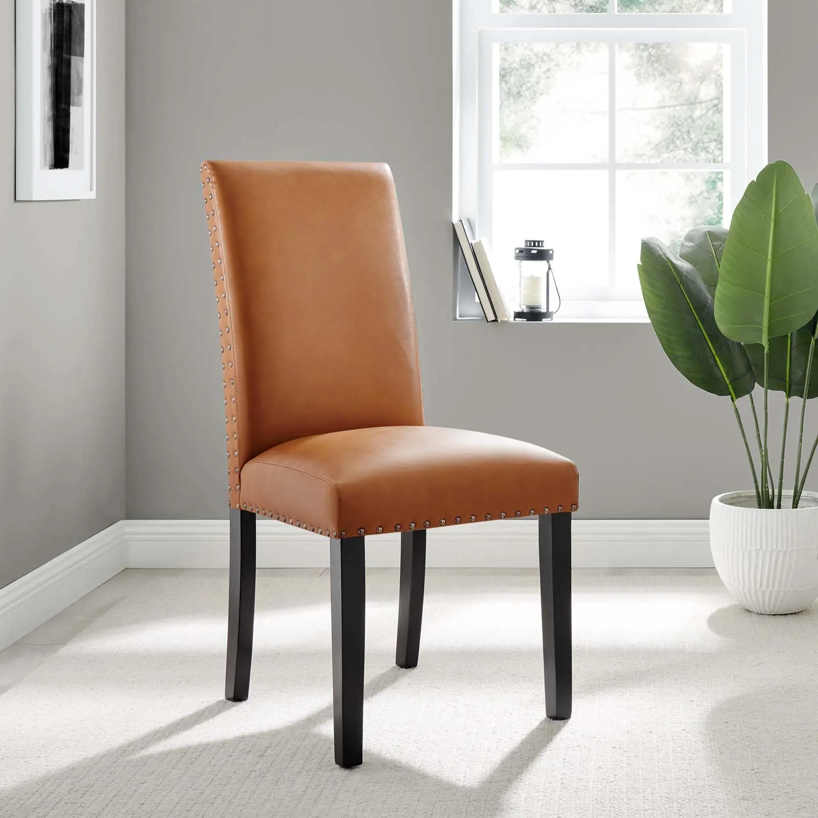 Modway Parcel Single Seat Faux Leather Tan Dining Chair, Modern Accent Chair, Casual Dining Room Furniture with Nailhead Trim, Requires Assembly