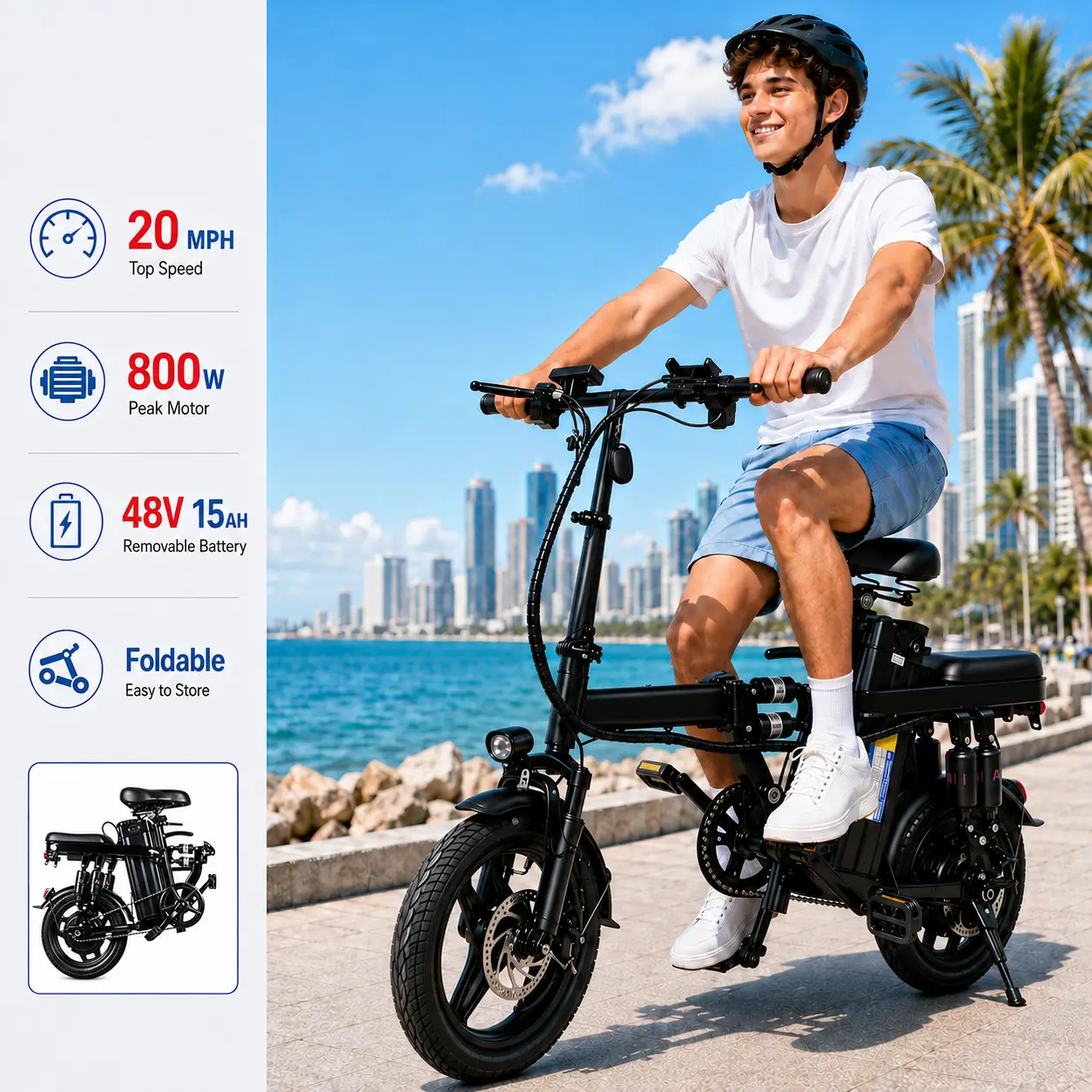Adult Folding Electric Bike, 800W Peak Motor, 48V 15Ah Removable Long-Lasting Battery, Up to 20MPH & 31 Mi Range, 14-Inch Puncture-Resistant Tires, Full Suspension, Dual Disc Brakes, 3 Riding Modes, Compact City Commuting Ebike