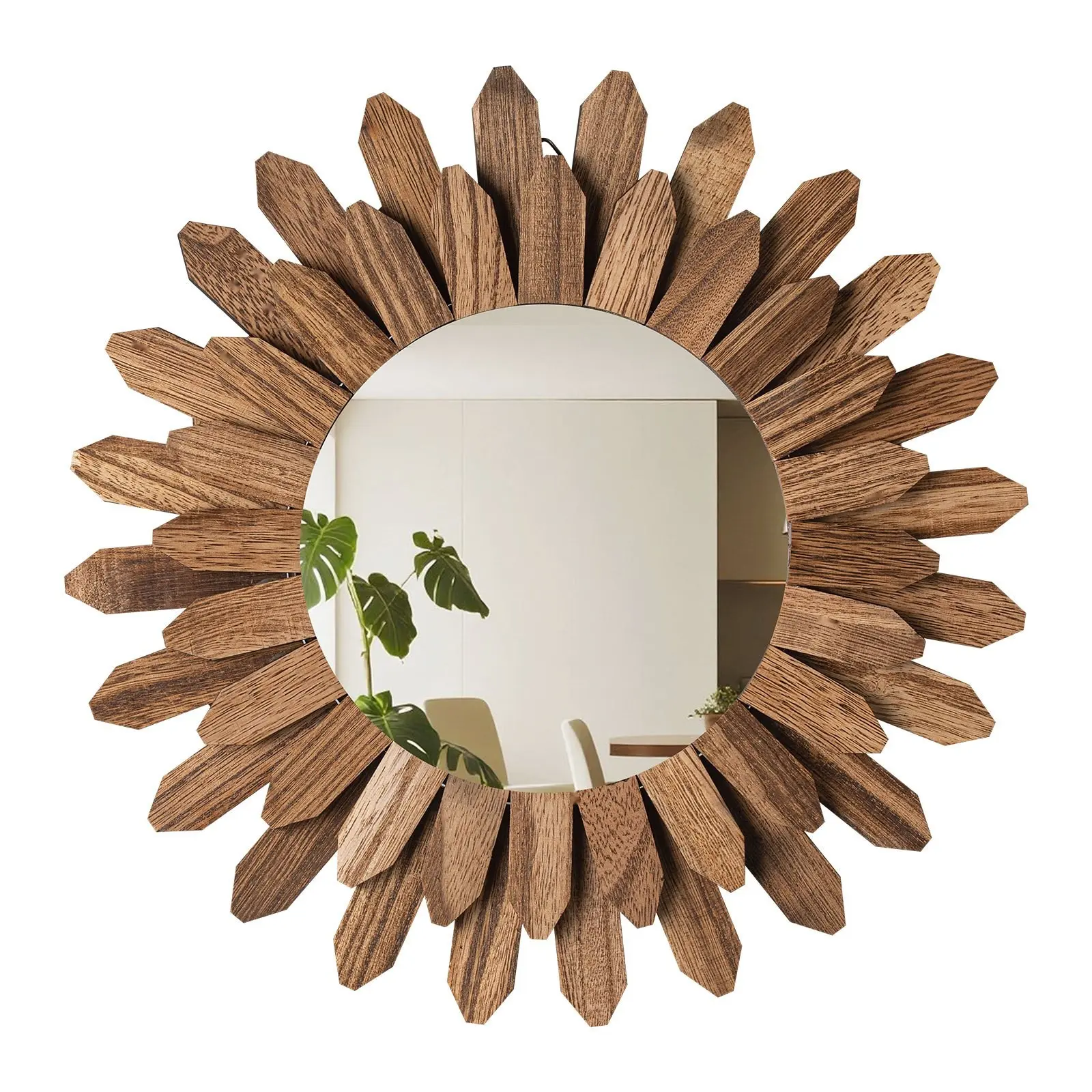 Wall Mirror Decorative 12-Inch Rustic Wood Boho Sunburst Wall Mirror for Living Room and Bedroom Decor, Entryway Accent, Hallway Wall Art, Circular Frame, Handcrafted Farmhouse Style, Gift Idea