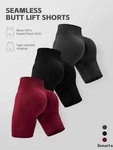 Women's High Waist Butt Lifting Support Compression Yoga Sports Shorts Set, Seamless Knitted Peach Hip Workout Pants, 3 Piece Gym Fitness Clothing, Waist Trainer Shorts