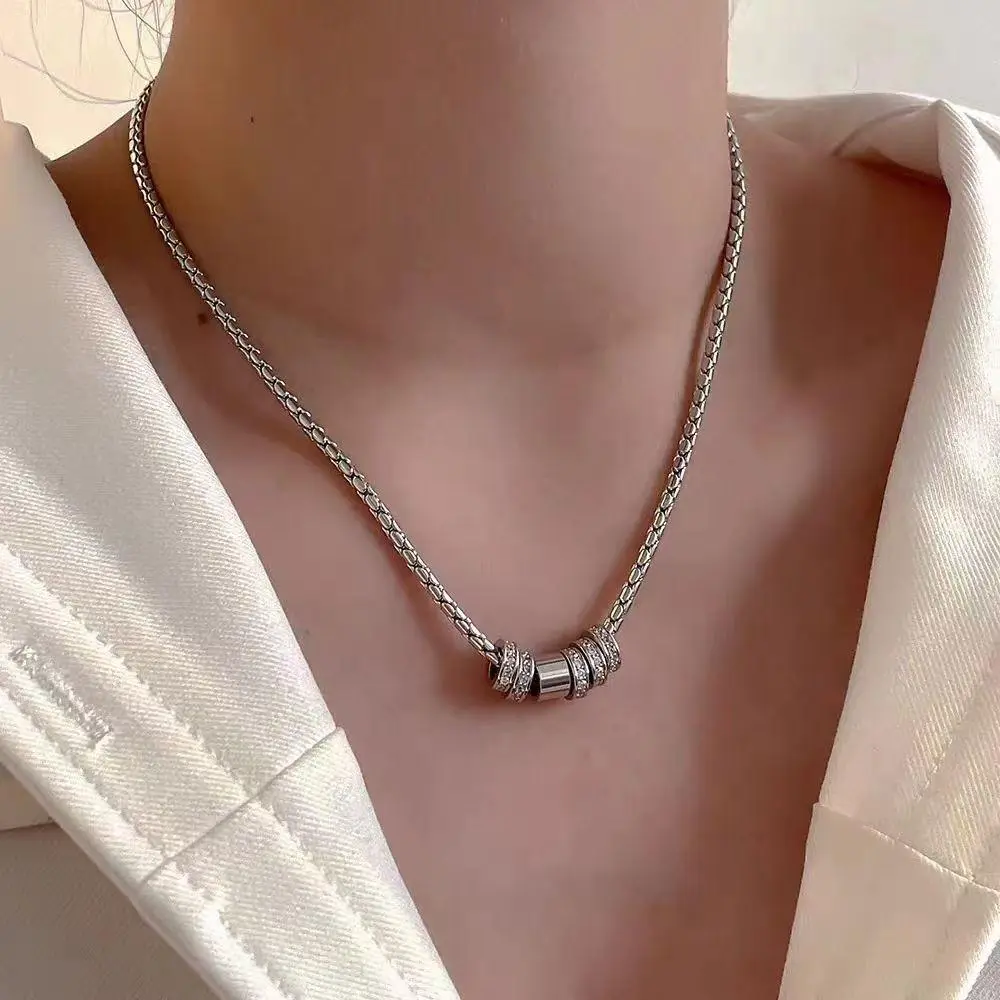 Sparkling Ring Pendant Necklace - Durable Titanium Steel Chain with Crystal Accent, Versatile Choker for Daily Style twist reel last supper name niki safety pin beaded layered set clothes y2k jewelry message card vampire