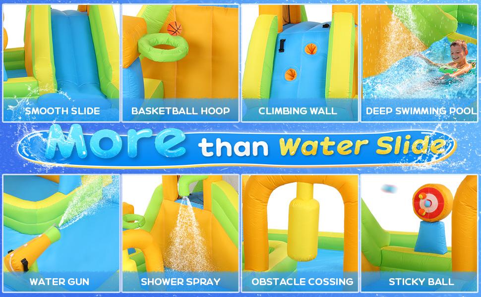JOYMOR Inflatable Water Slide Park w/ 83x40 in Deep Swimming Pool, Shower Spray, Sticky Ball, Climbing Wall, Water Slides Inflatables for Kids and Adults Backyard Outdoor Fun (Air Blower Included)