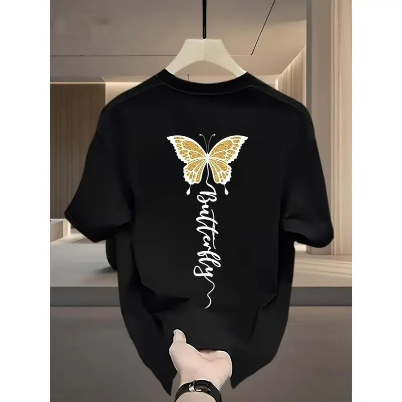 2026 trend fesyen baharu T-shirt cetakan rama-rama kecil, lengan pendek leher bulat kasual longgar lelaki dan wanita