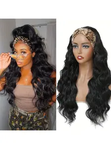 Women's Headband Wig - Heat-Resistant Synthetic Straight Hair, Tangle-Free Long Black Hair Extensions with Elastic Net, Synthetic material wigs, Natural Look Volume & Length for Daily Use, Parties, Smooth Texture Wig Accessories
