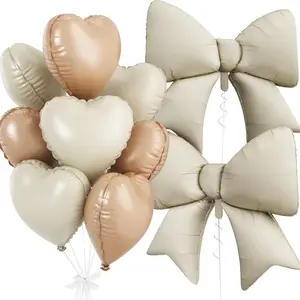 Cream Color Heart Balloons, Bow Party Decoration Set, 10 Pieces 45.72 Cm Cream Heart Balloons, 96.52 Cm Helium Cream Bow Balloons