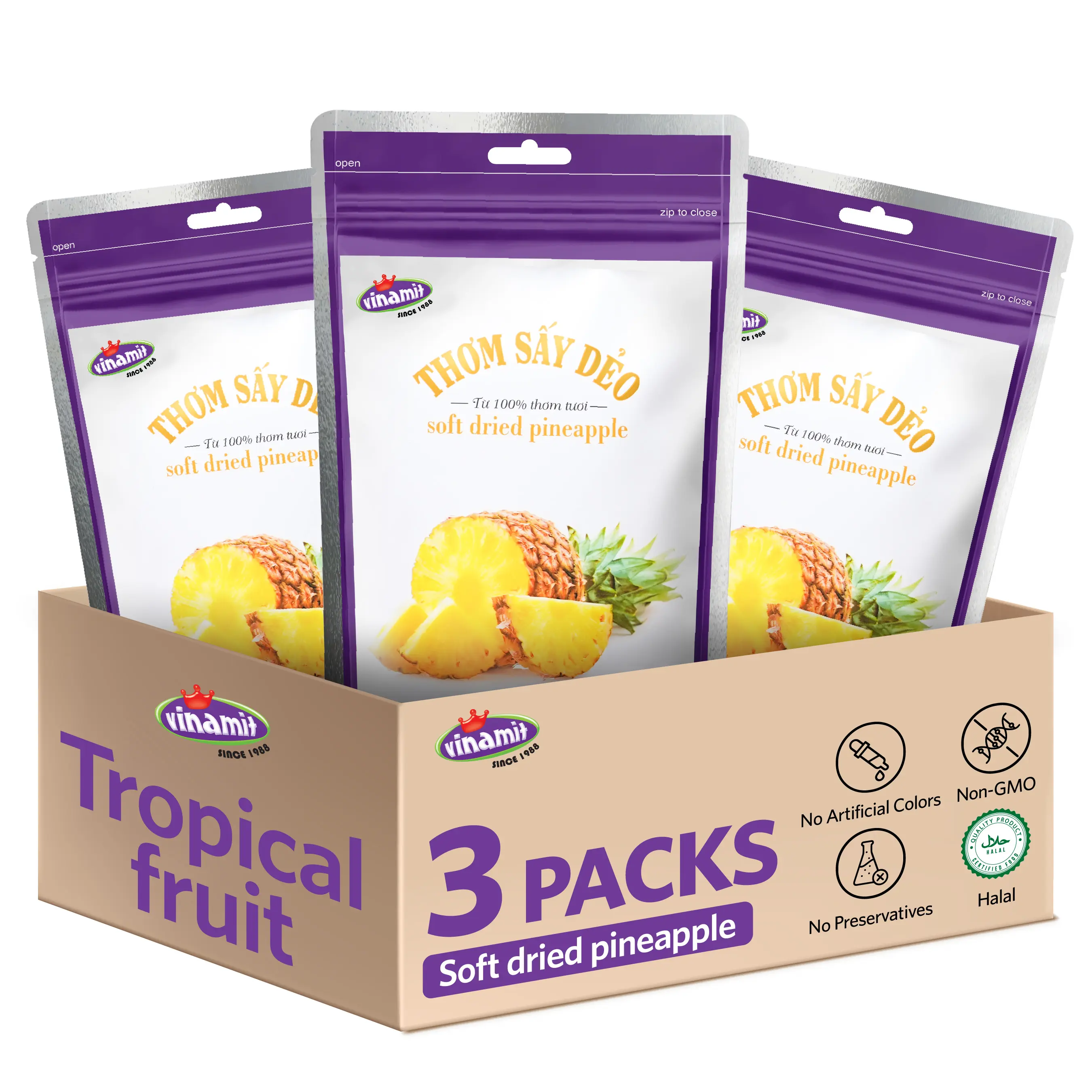 Vinamit Soft Dried Pineapple, Sweet-Tart Tropical Fruit Snacks | Bold Sweet-Tart Pineapple, Soft & Juicy Chewy, Real Fruit with Bromelain, Dried Fruit for Adults, Kids & Back to School