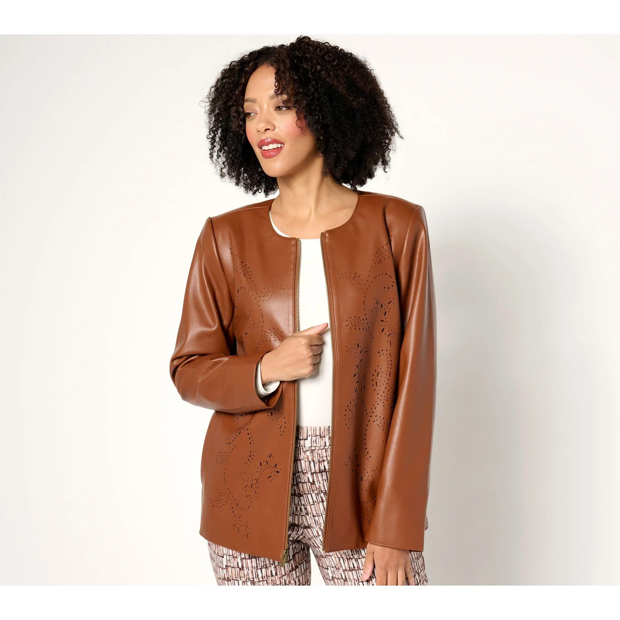 Susan Graver Petite Faux Leather Jacket with Laser Cut Detail Susan Graver Petite Faux Leather Jacket with Laser Cut Detail