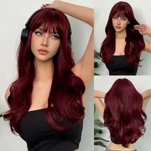 Long Wine Red Synthetic Wig Natural Wave Women Wig With Bangs Cosplay Party Red Hair Heat Resistant Fiber Wig