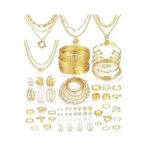 78PCS Gold Jewelry Set for Women Necklaces Bracelets Earrings Rings Fashion Jewelry Bundle