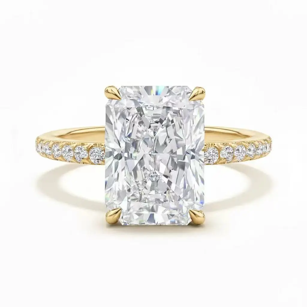 Lab-grown diamond, 3 ct, D–E, VS–VVS, Radiant cut lab-grown diamond  ring. IGI—light luxury, premium feel, versatile for everyday wear; suitable for engagement and proposal. Item no. 11059: S925 silver plate with 18K gold.