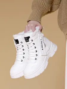 Women's New Winter High-Top Casual Shoes, Versatile Fleece Lined Thickened Anti-Cold Running Shoes, Fashion Solid Color Matched Skirt Boots Sneaker