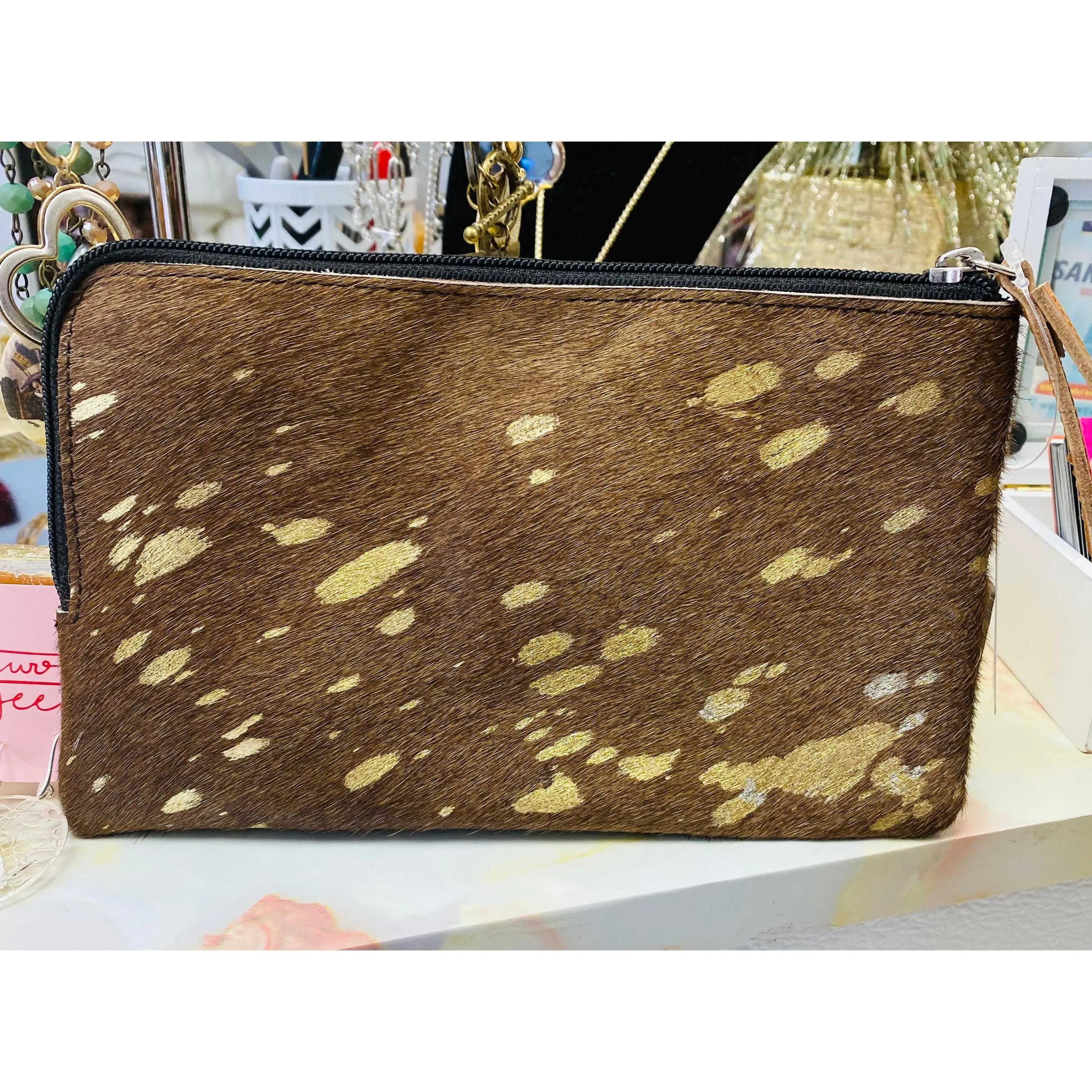 Brown & Gold Cowhide Wristlet