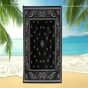 Paisley-Print Beach Towel—Black & White Patterned Pool Towel. A Quick-Drying Microfiber Bath Towel/Blanket Blending Streetwear Trends with Western Cowboy Style—Ideal for Travel, Vacations, and Daily Home Use.