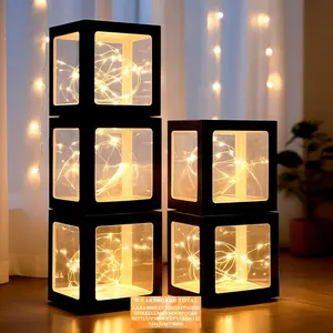 Transparent Balloon Boxes, Clear Balloon Boxes with 5 count String Lights and 78 Letters for  Shower  Grad Birthday Party Anniversary Bridal Wedding Decor - 5 Black Boxes