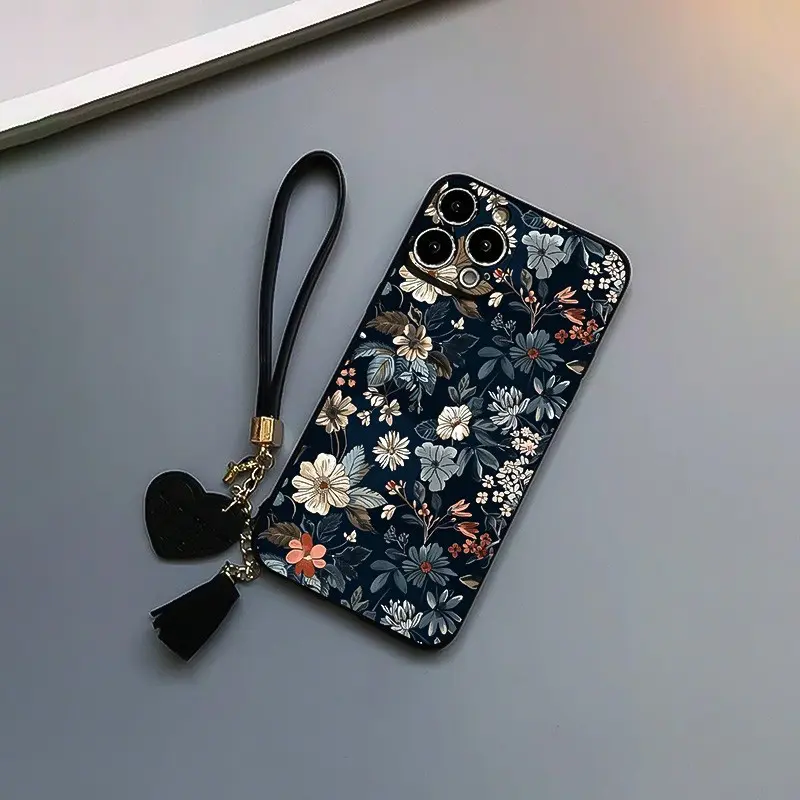 Convenient Lanyard Phone Case with Leather Heart Bracelet, Floral Painted Tpu Protective Anti-Drop Protection, Fits iPhone 6/7/8/x/11/12/13/14/15/16/17 Pro Max
