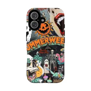 Retro Goth Summerween Tough Phone Case for iPhone 11, 12, 13, 14, 15, 16, 17 Pro Max Plus. Spooky Skeleton & Palm Tree Design, Shockproof Heavy Duty Protective, Waterproof Cover for Halloween & Summer Aesthetic.