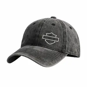 Vintage Washed Black Dad Hat with Embroidered Shield Logo, Streetwear Baseball Cap, Adjustable Unisex Casual Hat for Men Women