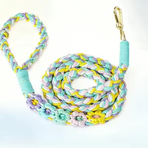 Handmade 5ft Braided Cotton Dog Leash with Unique Floral Handle, Durable and Stylish, Ideal for Small to Large Dogs, Rainbow Color﻿