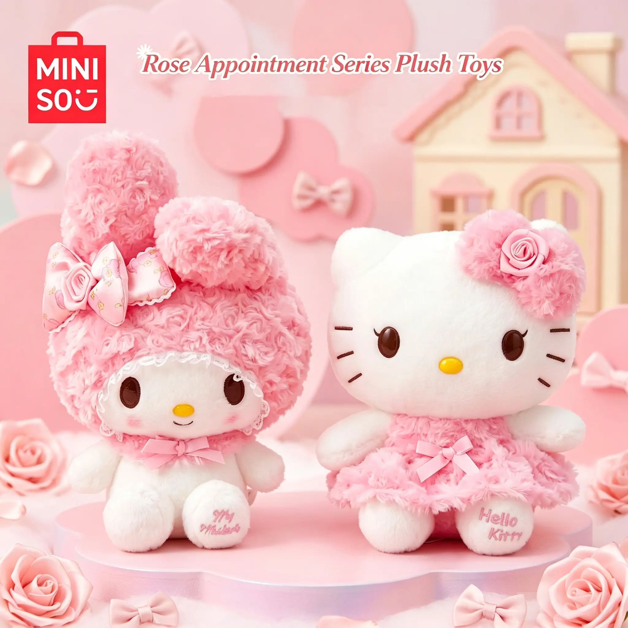 MINISO Melody & Hello Kitty Rose Date Plush Doll. Exquisite Design, Soft Plush Material, Lovely Appearance. Perfect Home Decor and Heartwarming Present for Girls and SR Fans.summerwins