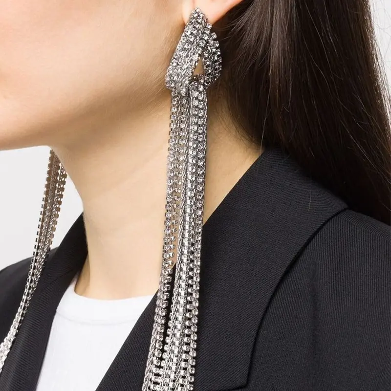 Women's Exaggerated Tassel Chain Drop Earrings - New Large Solid Rhinestone Long Earrings, Elegant Party Costume Jewelry Accessories, Rhinestones, Exaggeration, Female, Tassel Chain Earrings