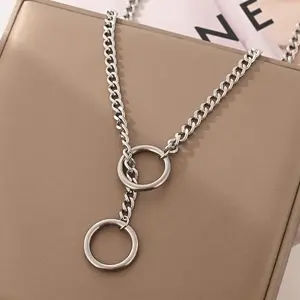 Silver Two Interlocking Circle Y‑Shaped Necklace for Women, Minimalist Cuban Link Chain Choker, Stainless Steel Punk Streetwear Fashion Jewelry Gift