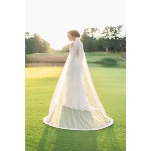 Long Cathedral Wedding Veil with Swirl Lace Trim