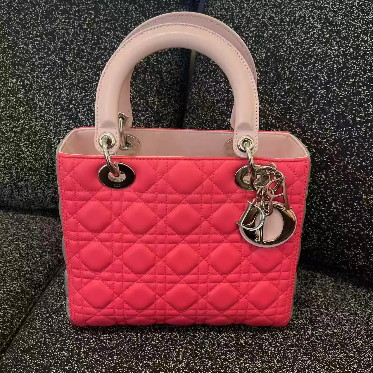 Pre-owned Dior Lady Medium Hot Pink Cannage Lambskin Top Handle Handbag, Silver Logo Charms