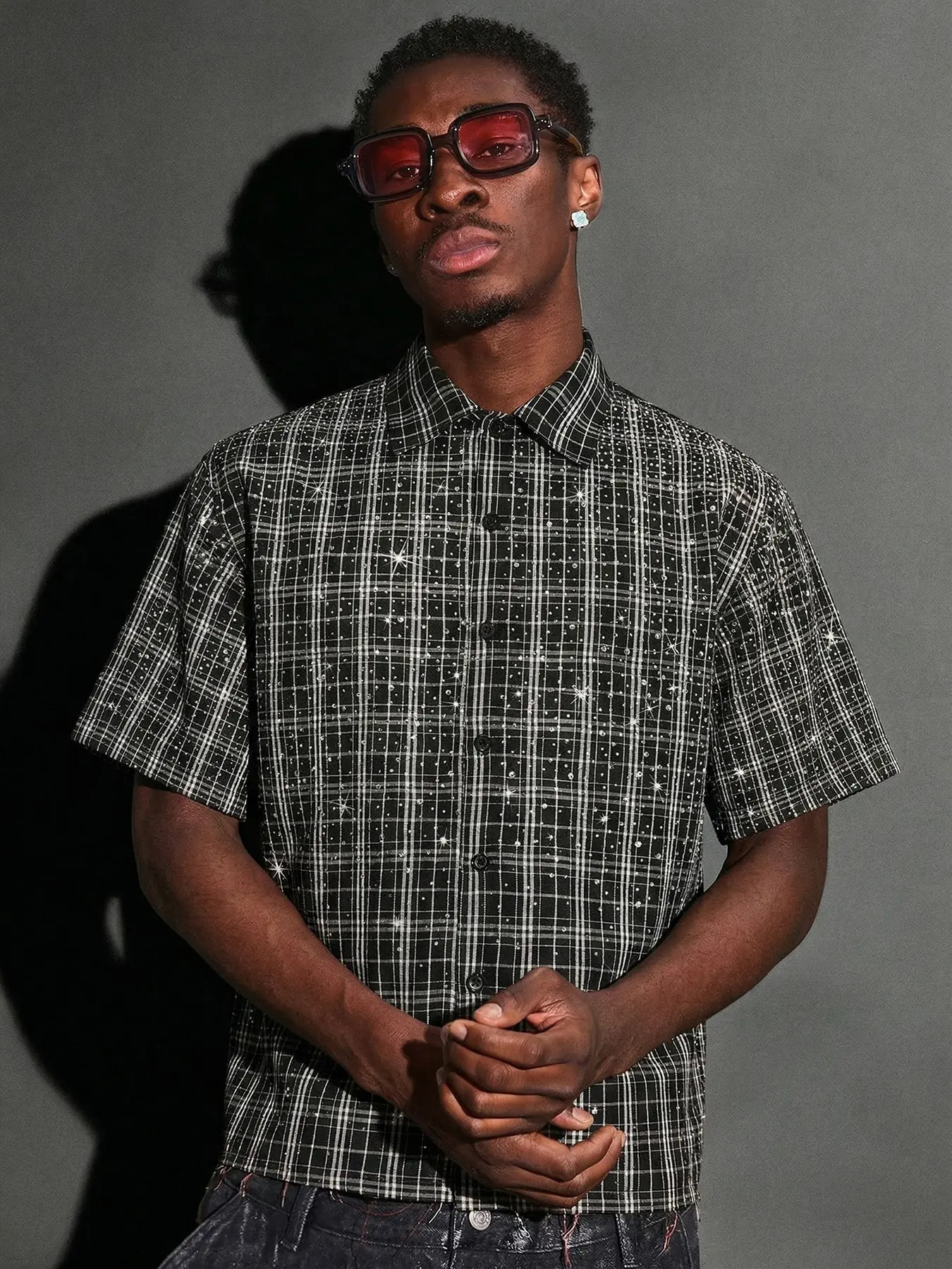 Rhinestone Plaid Short Sleeve Shirt Men, Y2K Bling Checkered Button Down Streetwear Top, Black Rhinestone Grid Button Up, For Daily Wear, Summer Outfits, Men's Retro Streetwear, Fashion, Casual #summeroutfits