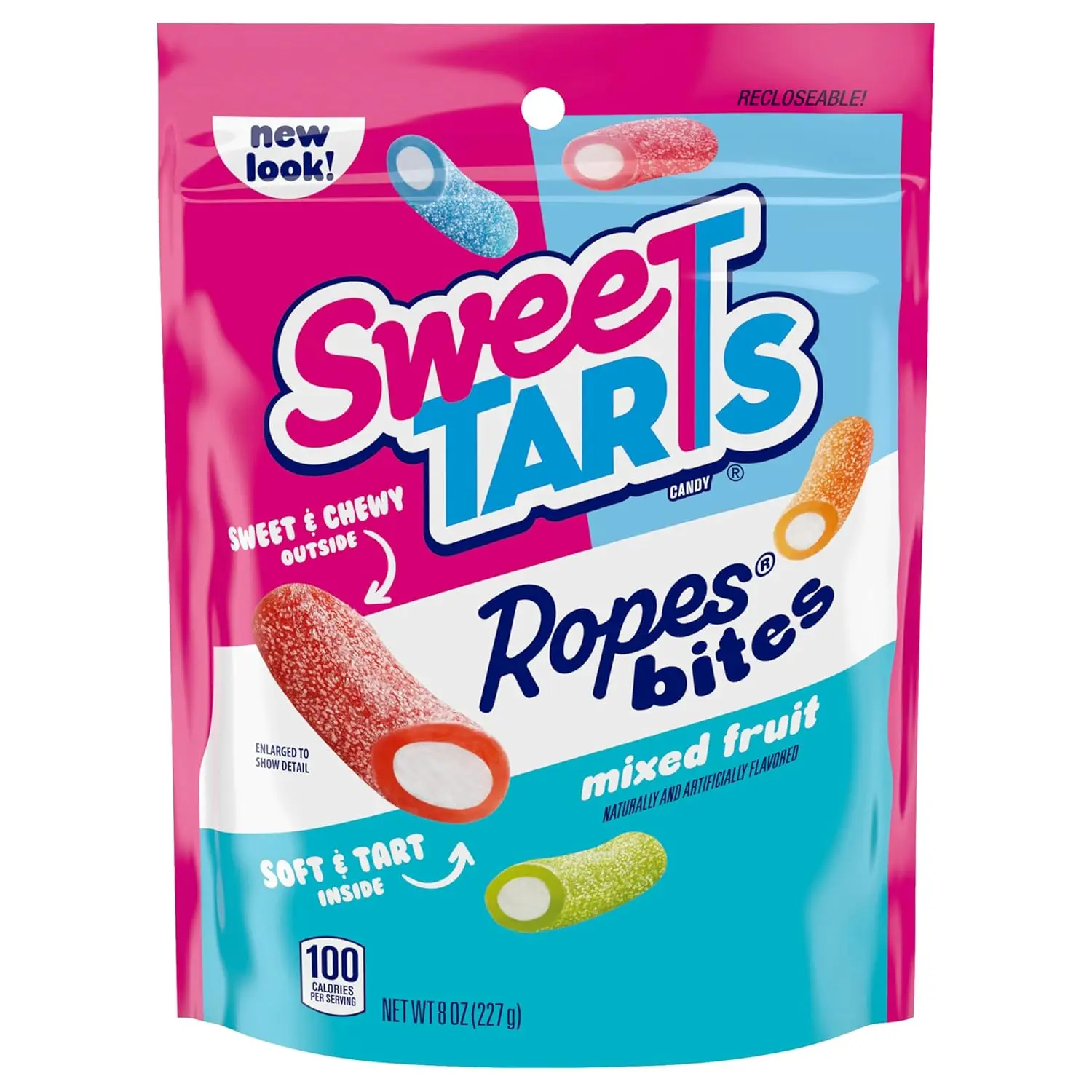 SweeTARTS Rope Bites Mixed Fruit Flavored Candy, Resealable Bag, 8 oz | Bite-size chewy ropes, mixed fruit flavors, resealable share bag, snacking, lunchbox, party candy