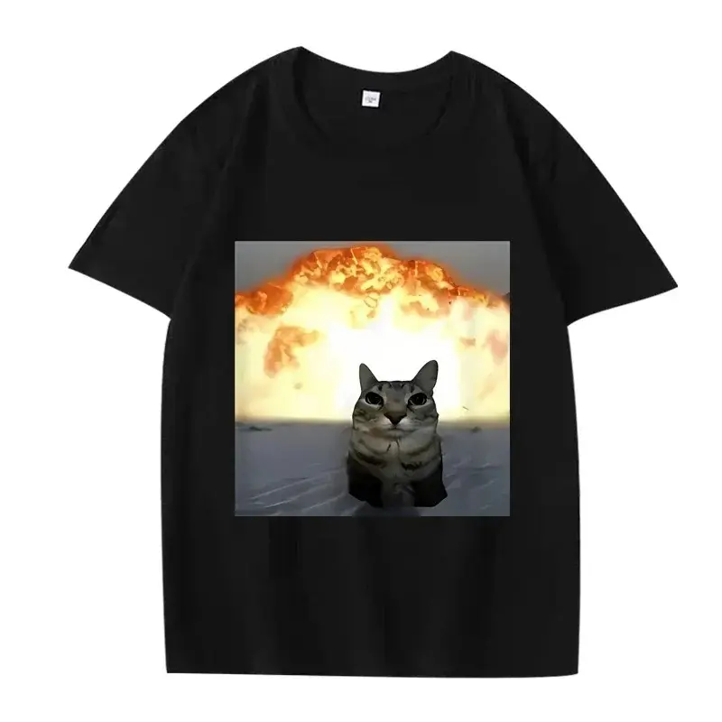 Unisex Whimsical Cat Explosion Graphic Tee, Funny Cat Meme Oversized T-Shirt, Summer Casual Streetwear Top