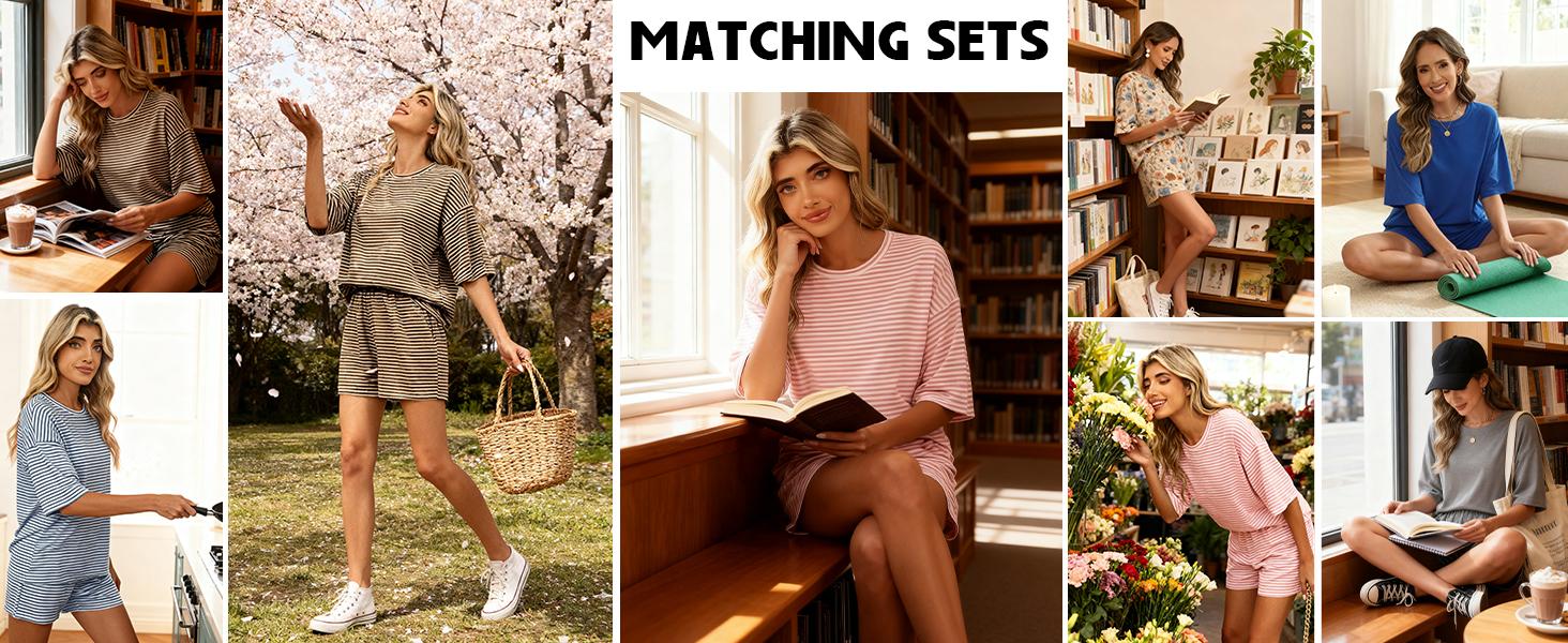 Two Piece Sets for Women Summer 3/4 Sleeve Tops and Elastic Waist Shorts Pajamas Cute Comfy Soft Lounge Striped Pjs