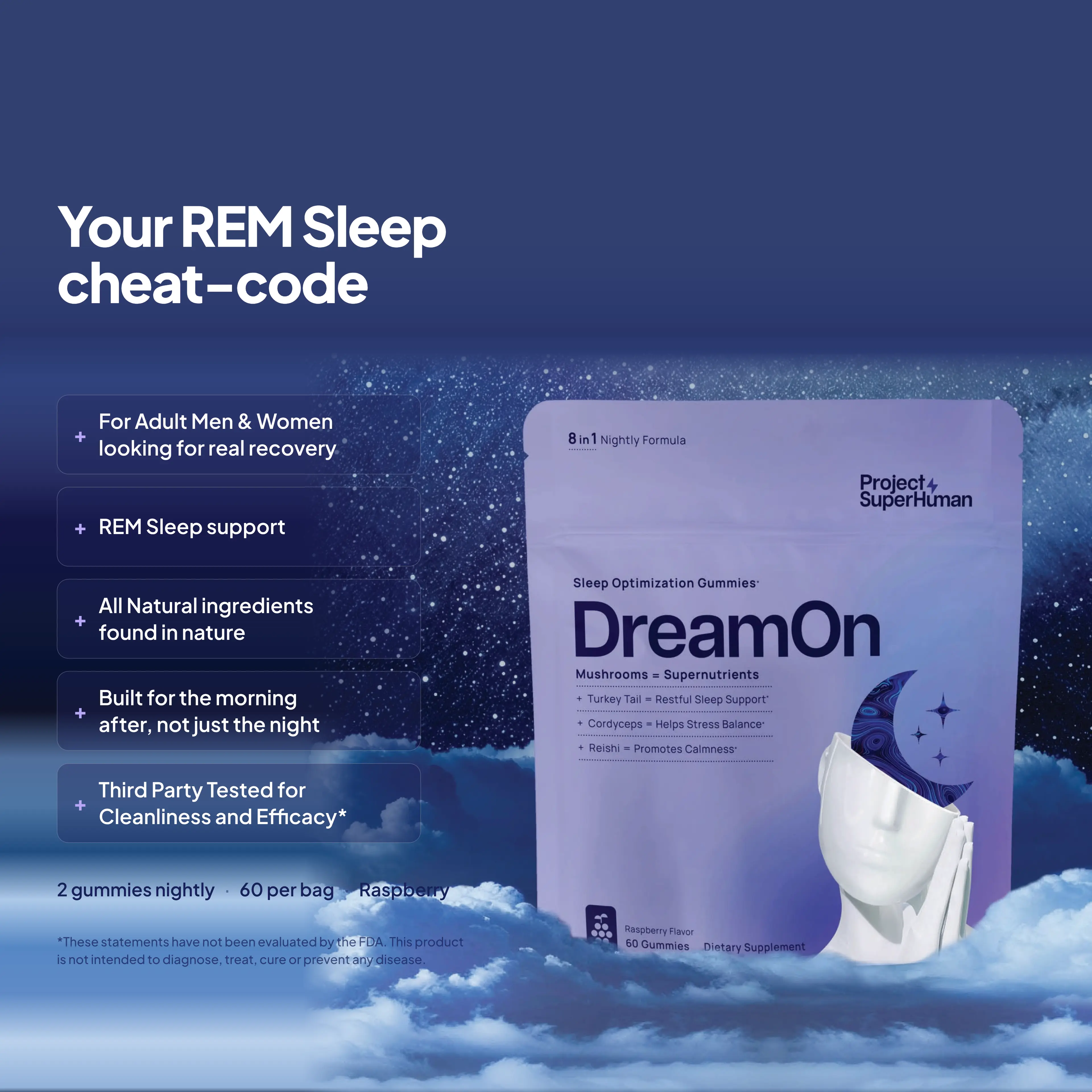 Project SuperHuman DreamOn Sleep Optimization Gummies 8-in-1 Formula for Restorative Sleep & Stress Relief Natural Mushroom Wellness Gummies Raspberry Flavor 60 Gummies
