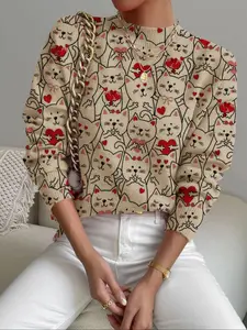 Women's Cartoon Print Stand Collar Sweater, Fall Winter Casual Chic Style Long Sleeve Knitwear, Comfortable Warm Fitted Top for Daily Wear Comfy Knitting Top
