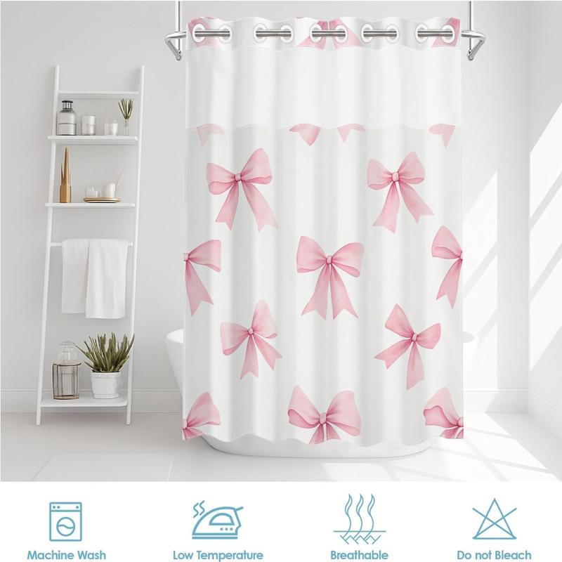 1pc hookless shower curtain with buckle lining, spring pink and white bow pattern design, 2D flat printing, fabric waterproof lining, see-through double-layer shower curtain, 71 x 74 inches, modern home draping curtain, Shower Curtain Liner