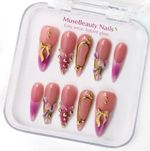 Stiletto Sharp Almond Stiletto Collection – Pink Ombre Gold Accent Stiletto Press-On Nails | Elegant Soft Glam Set