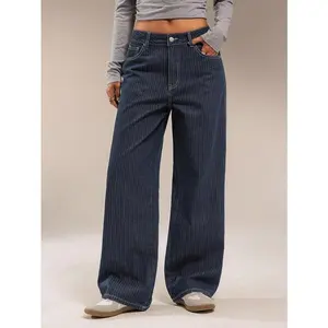 Women's Unique Jacquard Striped Low-Waist Dark Denim Pants - Straight Leg Baggy Fit for Autumn/Winter Casual Wear All Seasons