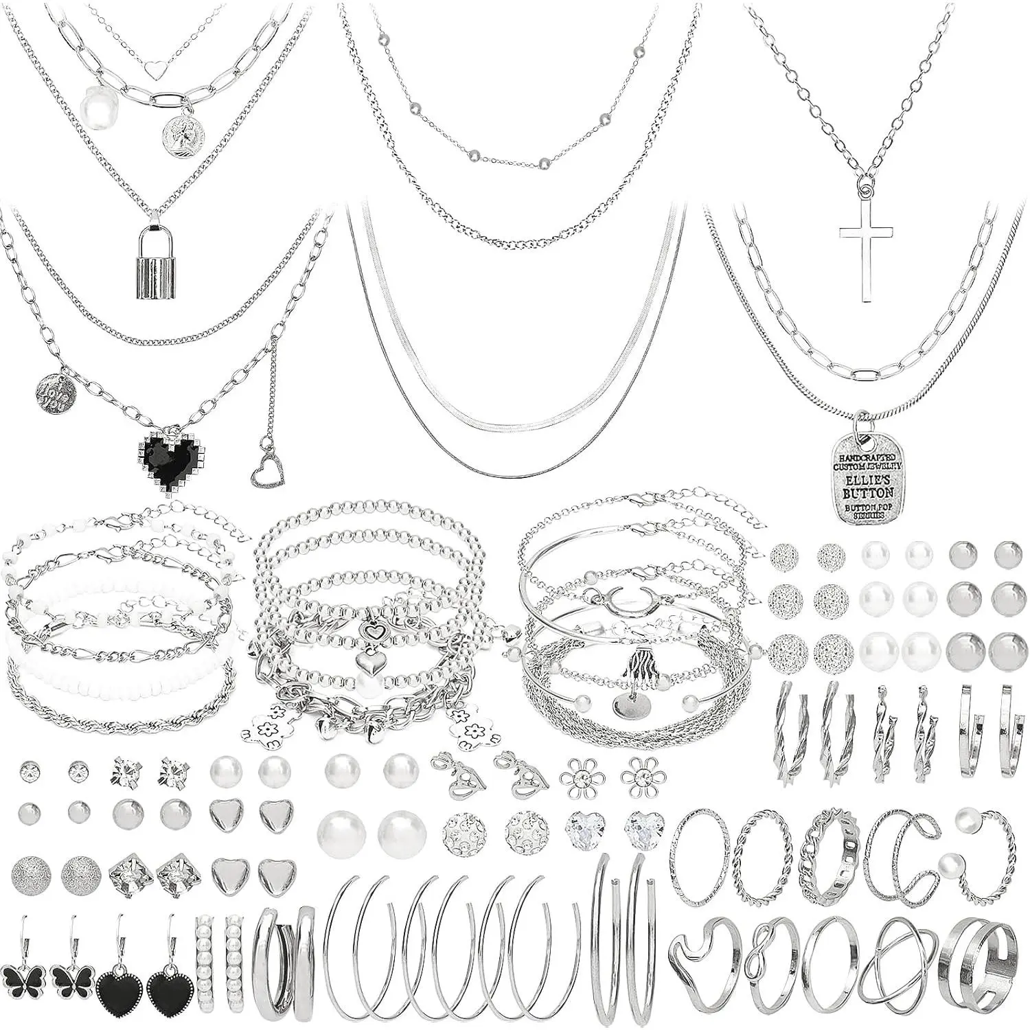 100 Pieces Silver Jewelry Set for Women Fashion Costume Jewelry Silver Plated Necklace Bracelet Ring Silver Earrings Set for Women