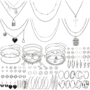 100 Pieces Silver Jewelry Set for Women Fashion Costume Jewelry Silver Plated Necklace Bracelet Ring Silver Earrings Set for Women