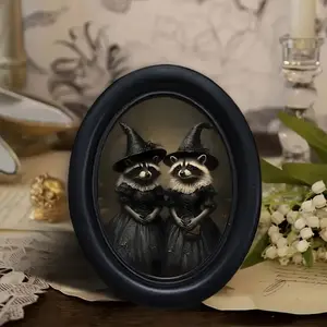 1count Victorian Gothic Dark Raccoon Ladies - Victorian Era Gothic Decor with Hats, Wall Painting，Oval Wooden Wall Art Plaque (6.8x8.7Inches) for Home, Office, Halloween, Perfect for Room Decor