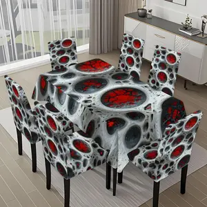 5/7-piece 2D Flat Printing Gray White Red Honeycomb - Shaped Splicing Printing Pattern Tablecloth and Chair Cover Set, for dining table and chair decoration, perfect for home, holiday gatherings, restaurants, and parties.