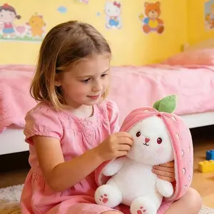 Rabbit Plush Toy with Strawberry Pattern, Reversible Pillow Doll, Zipper Design, Soft and Cute, Suitable for Kids and Adults, Easter Gift