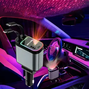 66W 4-in-1 Retractable Car Charger with Starry Sky Projection Light | Fast-charging mobile phone charger supports Type-C interface, with 2 USB ports For iPhone 15/14/13/12/11, For Galaxy, Pixel, iOS/Android devices, featuring a portable and compact design