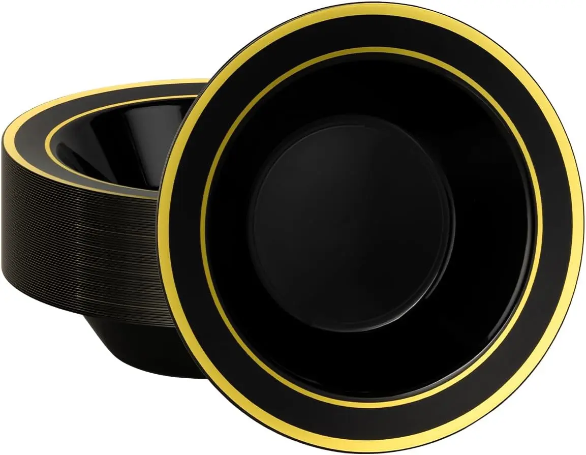 50 Pack Black Disposable Bowls with  Rim, 12oz Black Plastic Soup Bowls for Party, Wedding, Holiday,And Halloween