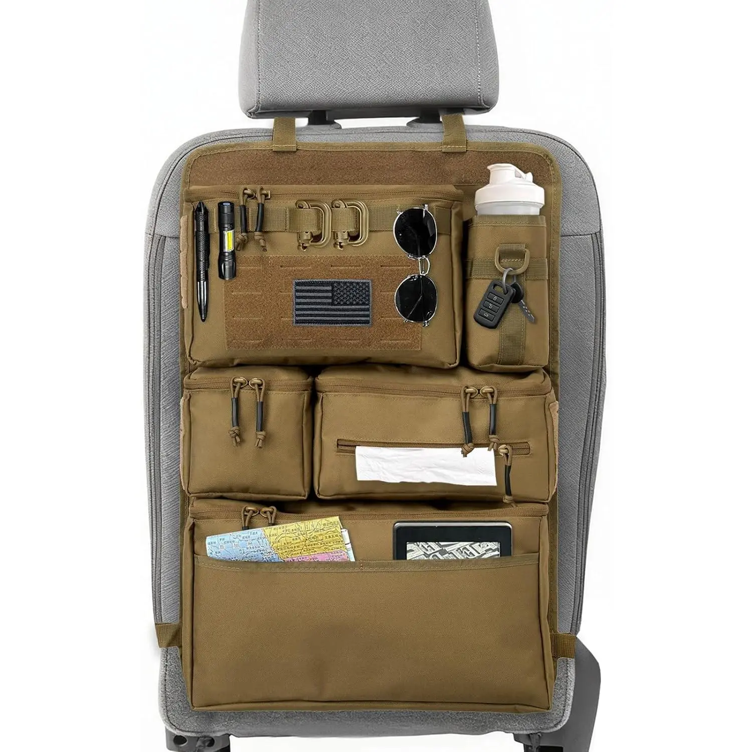 Tactical Seat Back Organizer Heavy Duty MOLLE Panel Organizer with Multiple Pockets & Hook Loop Panel for EDC Gear, Road Trip Essentials, Universal Fit for Car SUV Truck Jeep (Mud)