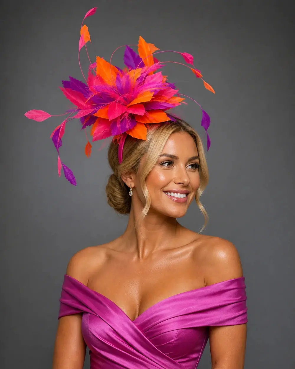 Orange Fuchsia Purple Feathered Fascinator