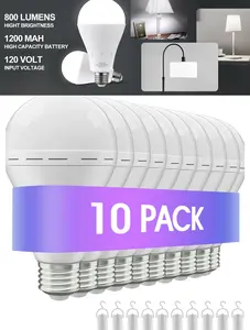 A19-10 Pack Emergency-Rechargeable-Light-Bulb, Stay Lights Up When Power Failure, 1500mAh 12W 60W Equivalent LED Light Bulbs for Home, Camping, Tent (E27/E26, with Hook) (Daylight)